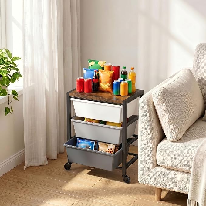 Rolling Cart with 3 Drawers, Plastic Drawer Storage Carts with Lockable Wheels & Wooden Tabletop, Metal Art Craft Utility Cart Organizer for Home Office Bedroom Dorm Bedside Classroom, Dark Gray