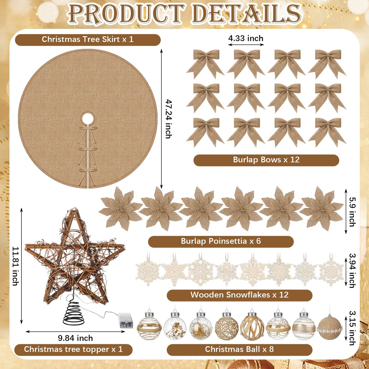 Soulchen Boho Christmas Tree Ornaments Set-40 Pcs Burlap Christmas Tree Decorations Jute Rustic Neutral Skirt Topper Bows Ball Poinsettia Snowflake Hanging Ornament Bulk for Farmhouse Xmas Party Decor