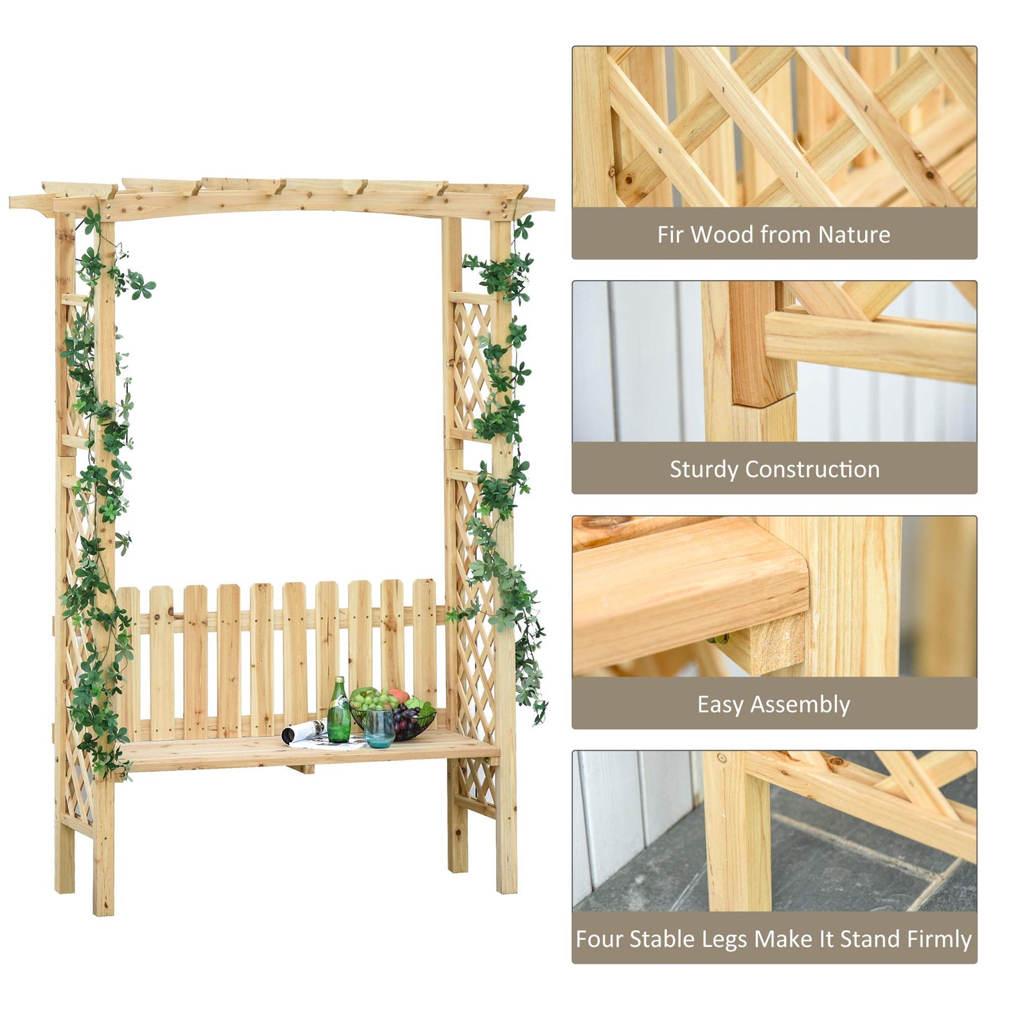 Wooden Garden Arbor for Climbing Plants with Garden Bench, Garden Arch to Grow Grapes & Vines, Patio Decor & 2-Person Outdoor Wood Decorative Seating, Natural