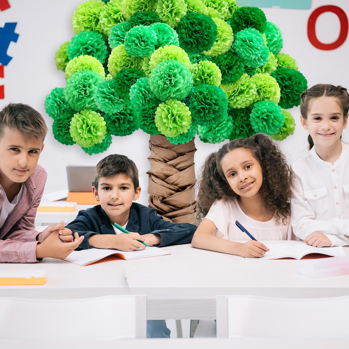 Mooliwe Classroom Tree Bulletin Board Set DIY 3D Cardboard Tree with Paper Pom Poms Kraft Craft Bulletin Board Wall 3D Decorations for School Elementary Teacher Chalkboard (Green,8, 10, 12 Inch)