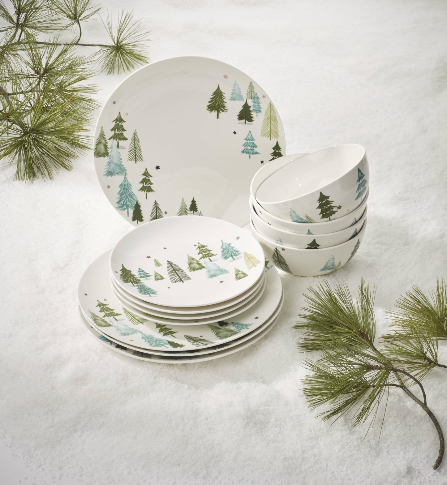 Lenox Dinnerware, Balsam Lane 12-Piece Dinnerware Set, Service For 4, Porcelain, Dishwasher & Microwave Safe, Plates & Bowls Sets, Christmas, Holiday Hosting, Home and Kitchen (White/Green, 12 Piece)