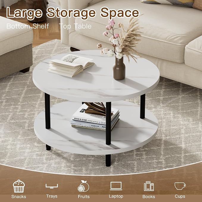 FAMIDGE Round Coffee Table, 23.6" Circle Coffee Table for Living Room, 2-Tier Wood Accent Center Table with Open Storage Industrial Design Home Furniture, White
