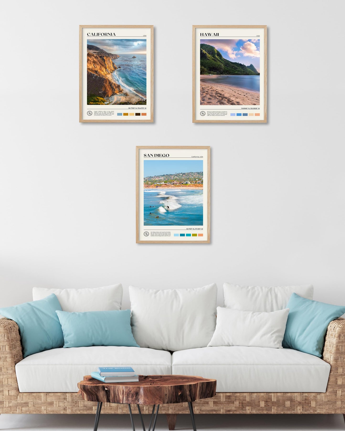 HesenDot Natural OAK Wood San Diego Surfing Framed Wall Art,12x16in Natural Seascape Canvas Wall Print,Classic Urban Landmark Wall Decor for Living Room,Bedroom,Office Gallery Gifts Set of 1