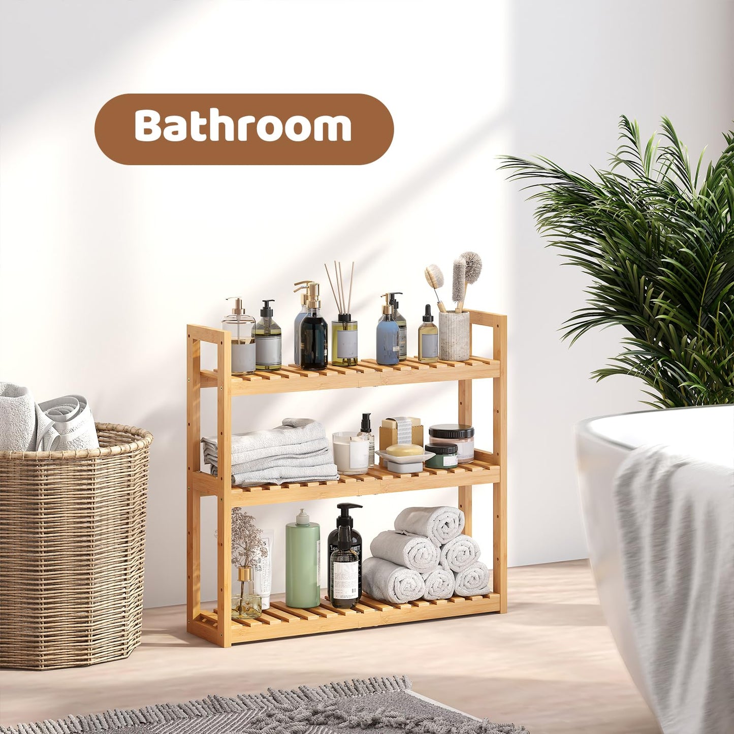 FILWH Bamboo Organizer Rack - Adjustable 3-Tier Storage Shelf, Wall Mounted or Over The Toilet, Living Room, Kitchen (Natural)