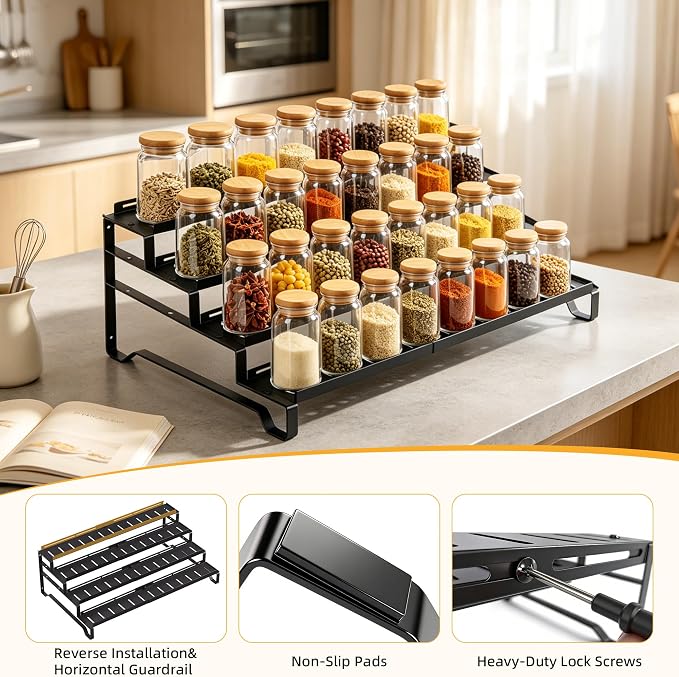 Attelite 4 Tier Expandable Can Rack Organizer for Pantry, Adjustable 13"-21" Metal Soda Can Organizer, Pantry Organization Canned Food Storage Holder for Kitchen Cabinet Countertop, Black 2Pack