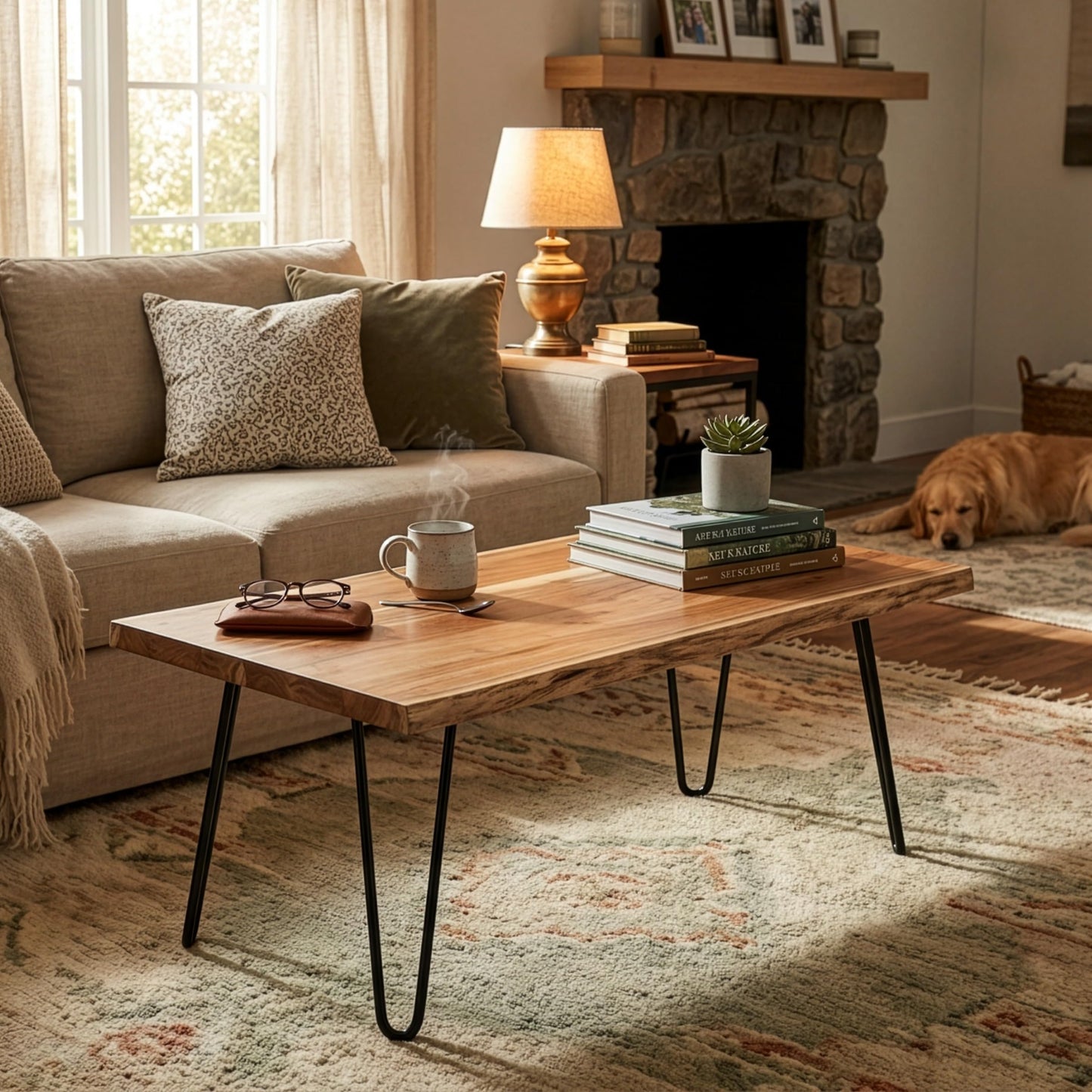 Alaterre Furniture 48-Inch Live Edge Coffee Table with Hairpin Metal Legs – Rustic Modern Farmhouse Solid Acacia Wood Living Room Table in Natural Finish