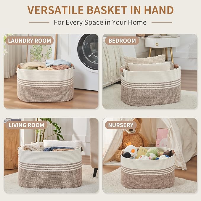 Extra Large Laundry Basket Hamper, 72L Cotton Rope Storage Bin for Blankets, Toys, Clothes, Decorative Nursery Hamper for Living Room, Baby Nursery, Bathroom, Bedroom, Kids Storage, Light Brown