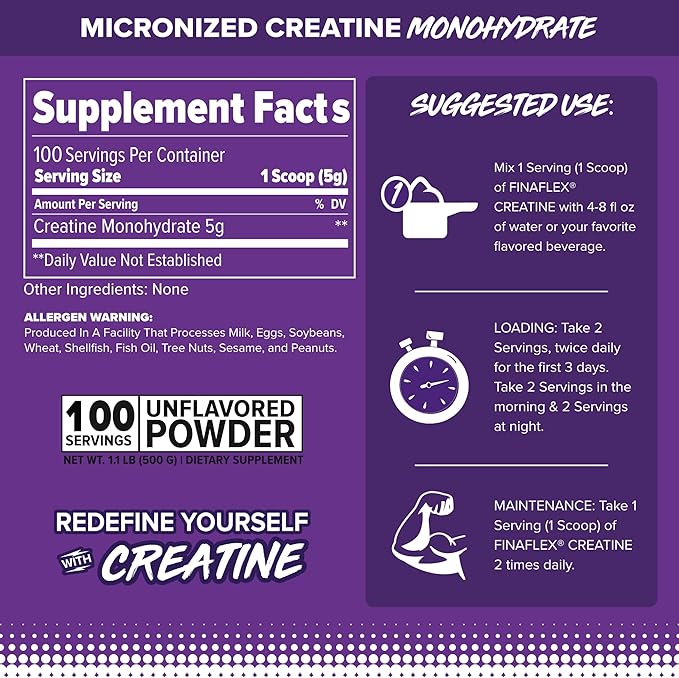 FINAFLEX Pure CREATINE, Unflavored - 500G - Promotes Muscular Strength, Size & Performance - 100% Pure, Micronized Creatine Monohydrate - NSF Certified - 100 Servings