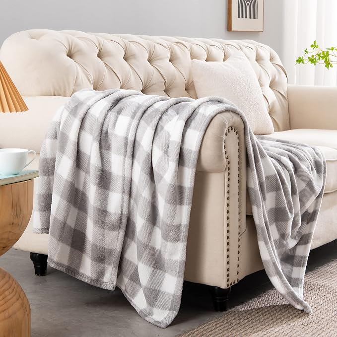 BEDELITE Plaid Fleece Twin Blanket for Couch & Bed, Grey & White Checkered Flannel Blanket, Cozy & Soft Buffalo Plaid Decor Blanket for Women, Men, 60"x80"
