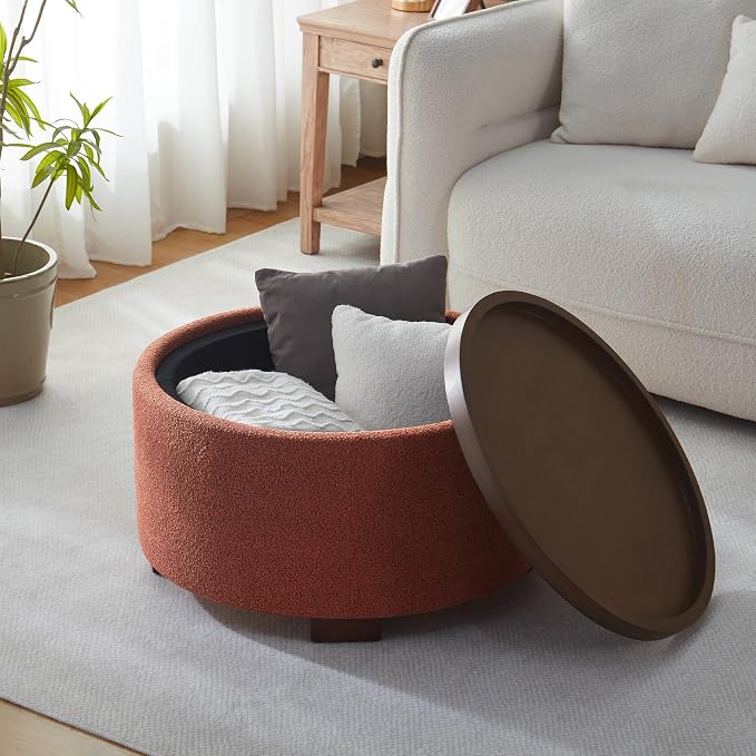Zihanhome 30 Inch Round Storage Ottoman Coffee Table, Modern Boucle Ottoman with Lift-Off Lid and Solid Wood Legs for Living Room, Bedroom, Corners, Apartments (Orange)