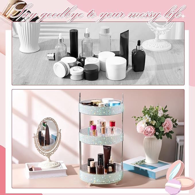 Honeydak 360 Rotating Perfume Organizer for Mother Day Nurse Day Rhinestone Bathroom Counter Organizer Makeup Holder Skincare and Perfume Storage for Cosmetic Countertop(3 Tiers,Resin Stone,Silver)