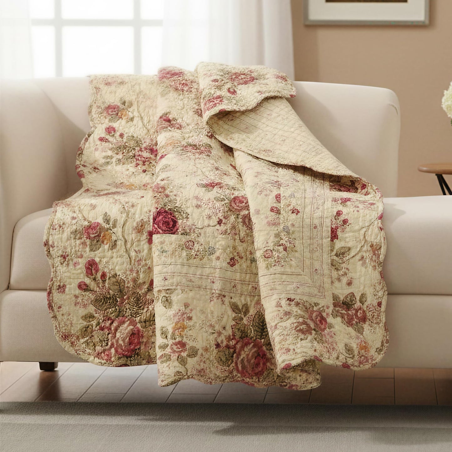 Greenland Home Fashions Antique Rose - Classic Traditional Floral - 100% Cotton Quilted Throw Blanket, 50 x 60 inches, Ecru