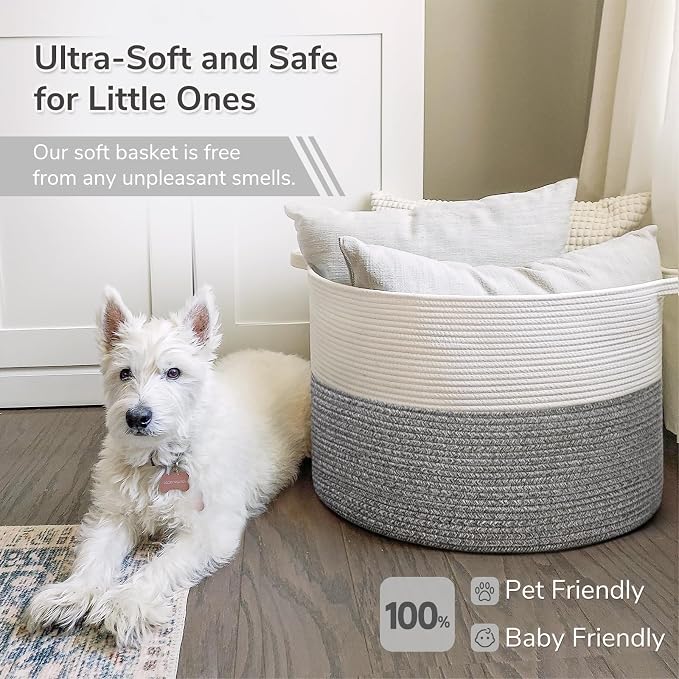 INDRESSME Large Storage Basket, 21.7'' x 13.8'' Cotton Rope Blanket Basket Living Room, Toy Organizers and Storage with Handles for Kids, Laundry Baskets for Clothes, Towel, 90L Grey