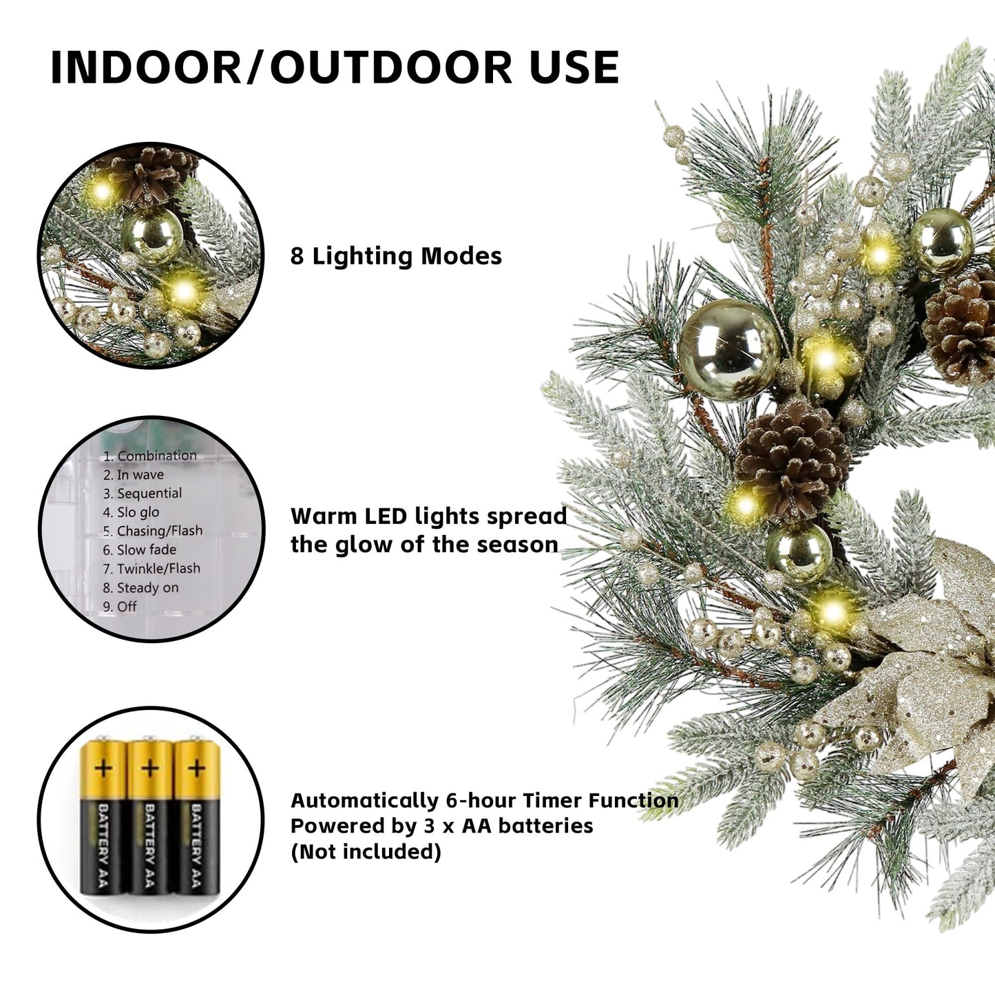 Zavothy Christmas Wreath 20 Inch Christmas Decorations Wreath with Lights,Balls,Pine Cones,Golden Berries,Pine Needle and Artificial Flower for Outdoor Indoor Christmas Decorations