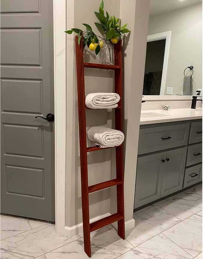 BARNWOODUSA Throw Blanket Ladder – Fully Assembled Reclaimed Wood – Rustic Decorative Ladder for Towels, Quilts, & More – Perfect Farmhouse Decor for Bathroom, Porch, or Living Room,5-Foot Red