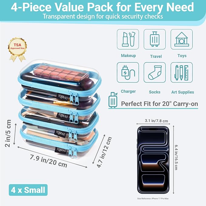 YQBRAO 4-Pack Clear Hard Shell Zipper Case, 1.2mm Ultra-Thick Diaper Bag Organizer Pouches, Rigid Self-Standing Travel Makeup Bags with YKK Zippers, TSA Approved, Blue