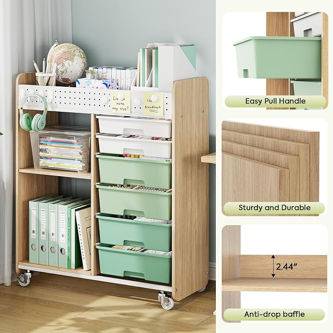 Rolling Storage Cart with Top Pegboard and 6 Drawers, Mobile Utility Cart on Wheels with Locking Brakes, Craft Organizer Lateral File Cabinet for Home, Office and Craft Room – Wood Frame(Green)