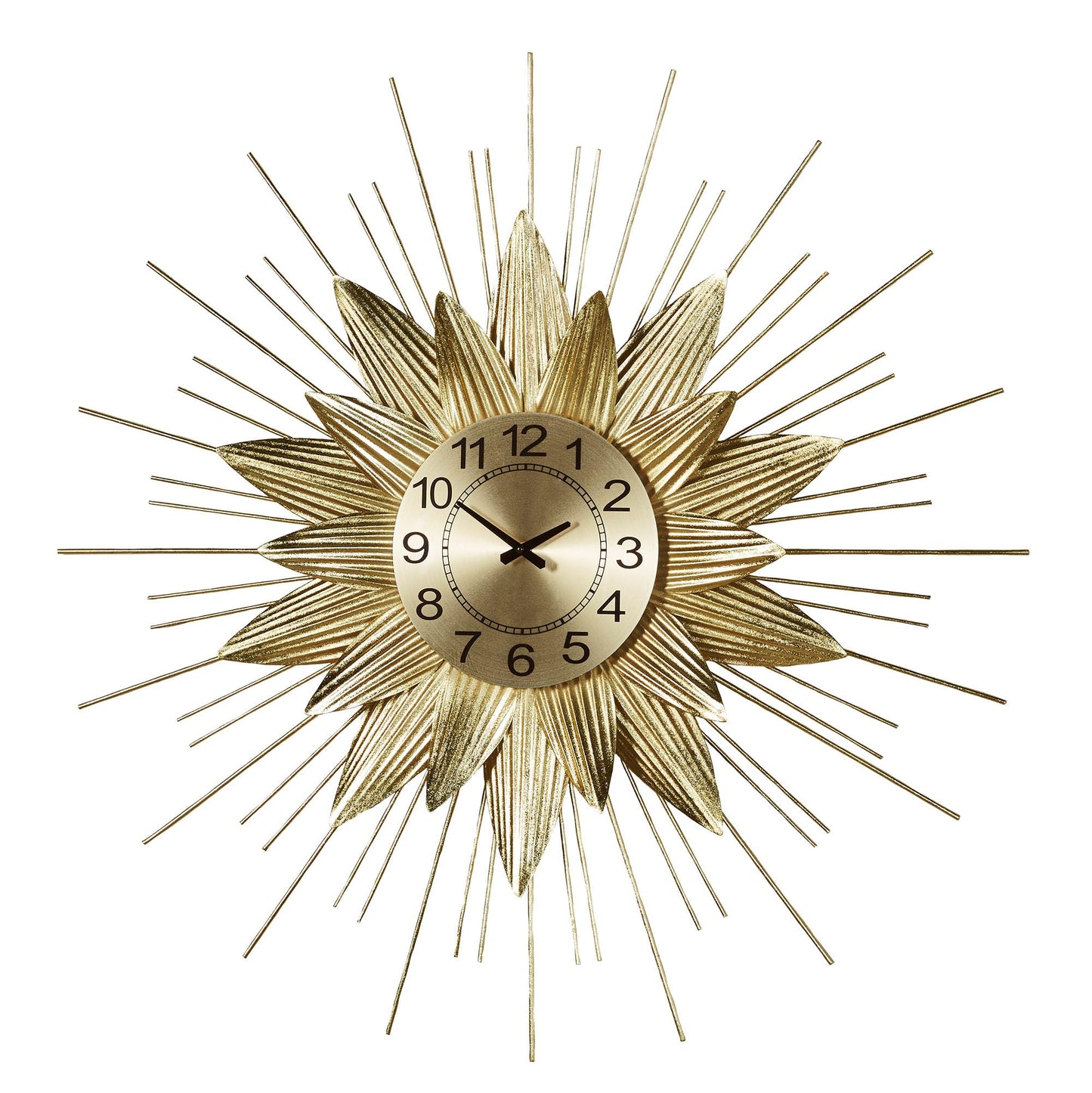 Radiant Burst Multi-Layered Wall Clock | Metallic Gold Foil Finish | Center Quartz Movement Wall Clock with Bold Numerals | Radiating Abstract Sunburst or Flower-Like Shape With Layered Rods & Petals