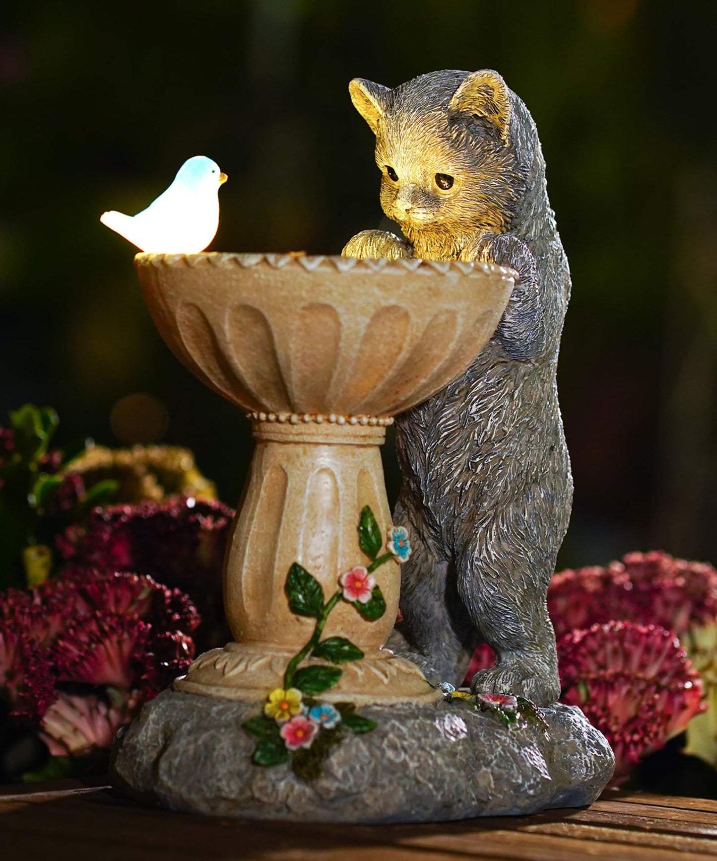 Nacome Solar Cat Statue for Garden Decor: IP44 Weatherproof Resin with Automatic Lighting - No Installation- Outdoor Yard Patio Balcony Art - Birthday Gifts for Bird Lovers Mom Grandma Women
