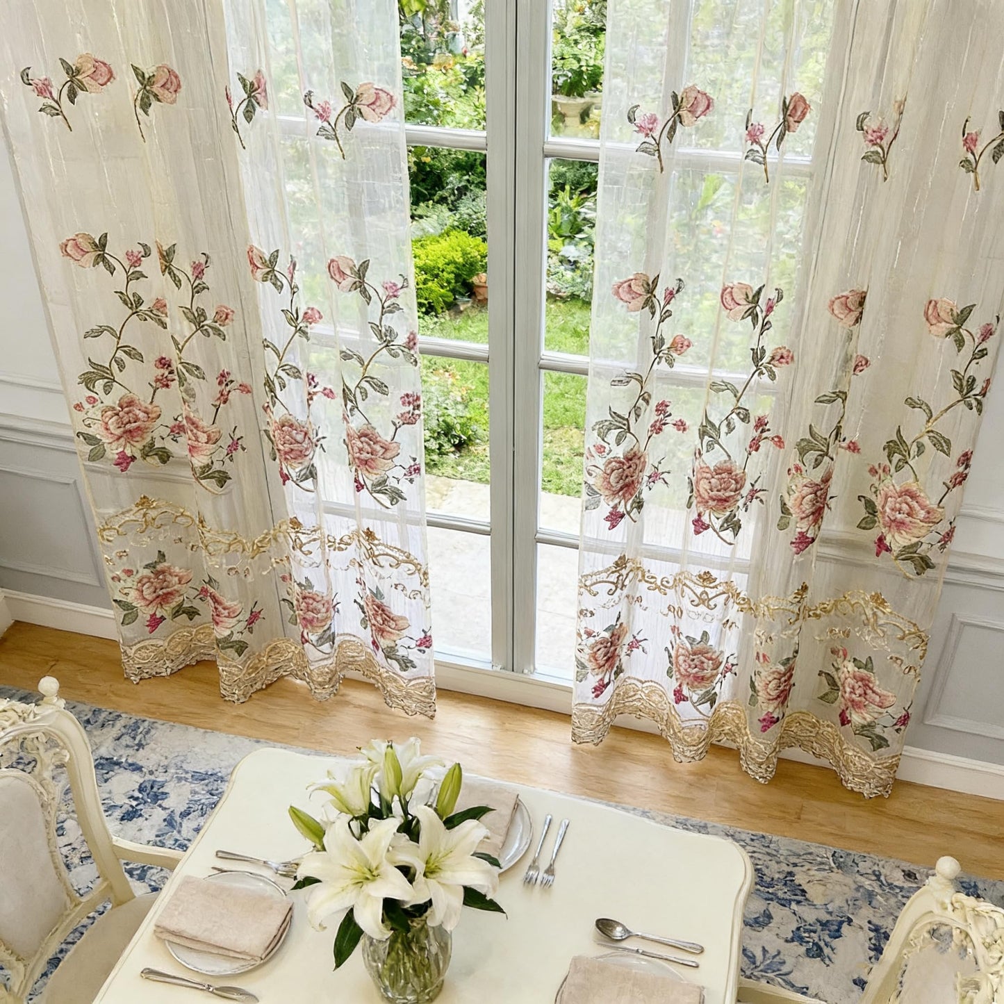 WPKIRA Delicate European Embroidered Floral Sheer Curtains Rod Pocket Royal Romantic Window Treatment Voile Curtain for Bedroom/Villa Natural Light Flow Luxury Tulle Curtain 1 Panel W40 x L84 inch