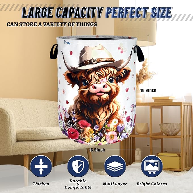 Cute Highland Cow Laundry Basket Foldable Oxford Cloth Cows Animal Laundry Hamper With Handle Clothes Storage Organizer Basket 18.9"x16.5" Storage Bag For Laundry Room/Bathroom/Bedroom/Dormitories