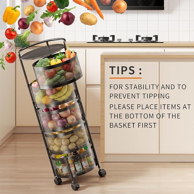 JAQ No Assembly 5-Tier Kitchen Storage Cart with Wheels, Rotating Produce Organizer for Onion, Potato & Vegetable Storage, Large Capacity Pantry Storage Rack, Black