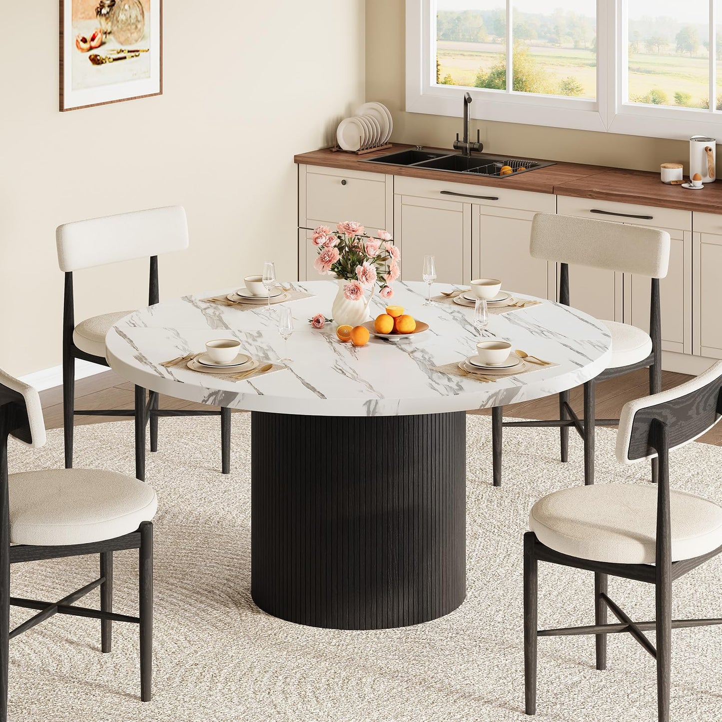Round Kitchen Dining Table for 4-6 People, 47 inch Mid-Century Circle Dinner Tables, Rustic Wood Base in Fluted Design, Space Saving Dining Room Furniture, Large Table Only for Family Party, Marble