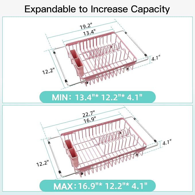JASIWAY Pink Expandable Stainless Steel Dish Drying Rack Over The Sink for Small Kitchen, Counter Space Saving Compact Plate Drainer Strainer, Adjustable Hanging Metal Dish Dryer with Utensil Holder