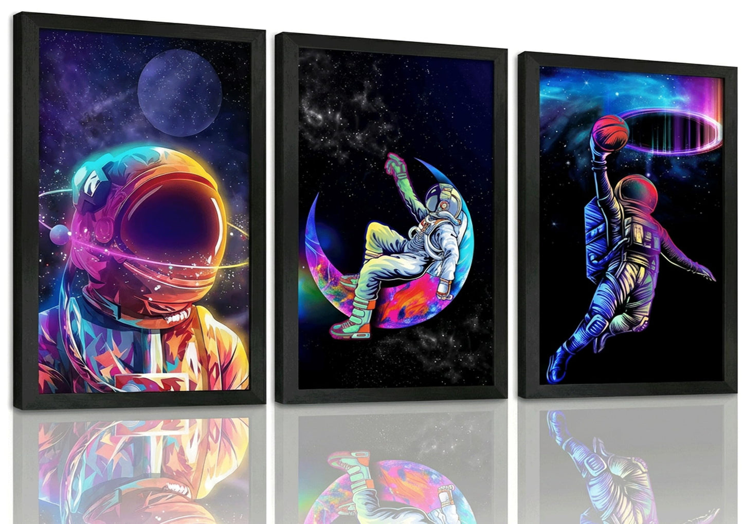 Framed 3pcs Astronaut Canvas Wall Art Dreamy Outer Space Galaxy Pictures Wall Decor Sci Fi Artwork Modern Universe Posters Prints Painting for Boys Bedroom Living Room Home Decoration