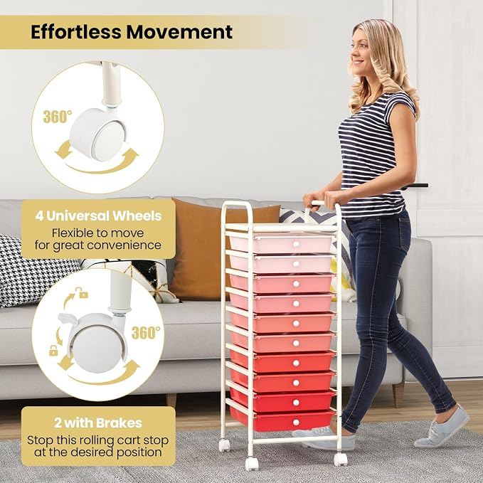 COSTWAY 10-Drawer Rolling Storage Cart, Utility Mobile Trolley with Removable Drawers & Universal Casters & 2 Brakes, Versatile Flexible Drawer Organizer Cart for Home, Office, Mixed Pink