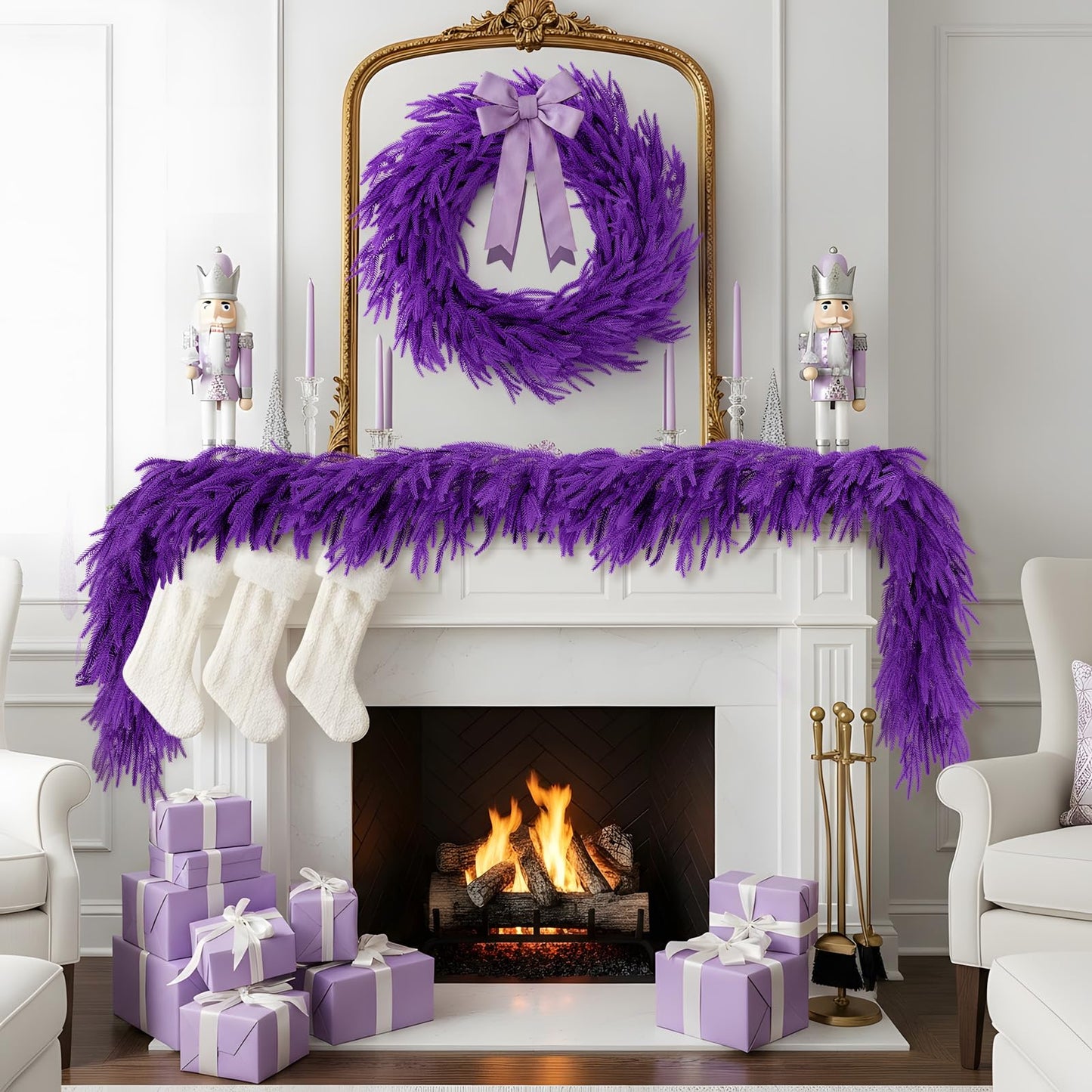 N&T NIETING Christmas Garland Norfolk Pine Garland Real Touch Artificial Christmas Purple Xmas Garland for Mantle, Table Holiday Fireplace Staircase Indoor Outdoor Christmas Decorations (9 FT)