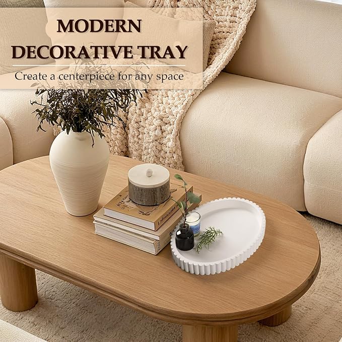 Oval Tray for Coffee Table Decor, 13" Concrete Tray, Table Centerpieces Decorative Trays for Home Decor, Modern Decorative Trays for Coffee Tables, Centerpiece Trays, White