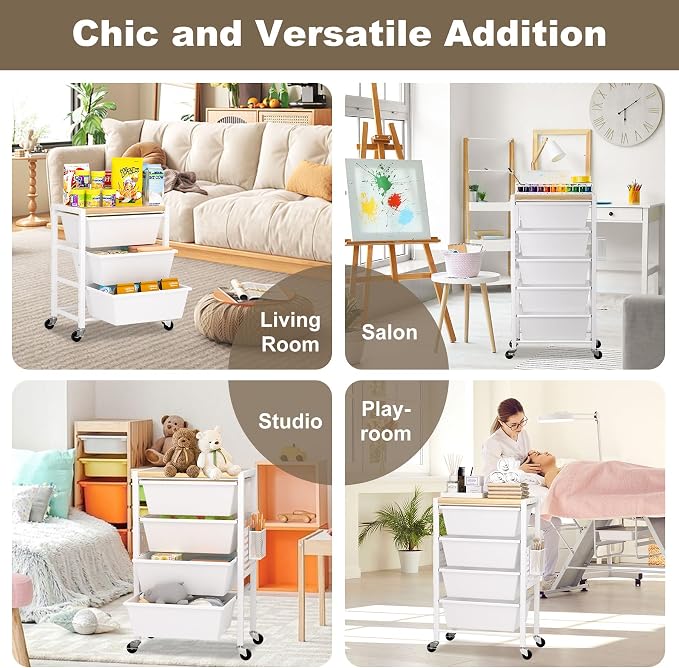 Rolling Cart with Drawers, Rolling Storage Cart with 4 Large Plastic Drawers & Wooden Tabletop, Utility Cart with Pegboards & Basket, Storage Drawers Cart for Living Room, Classroom, Bedroom, Office