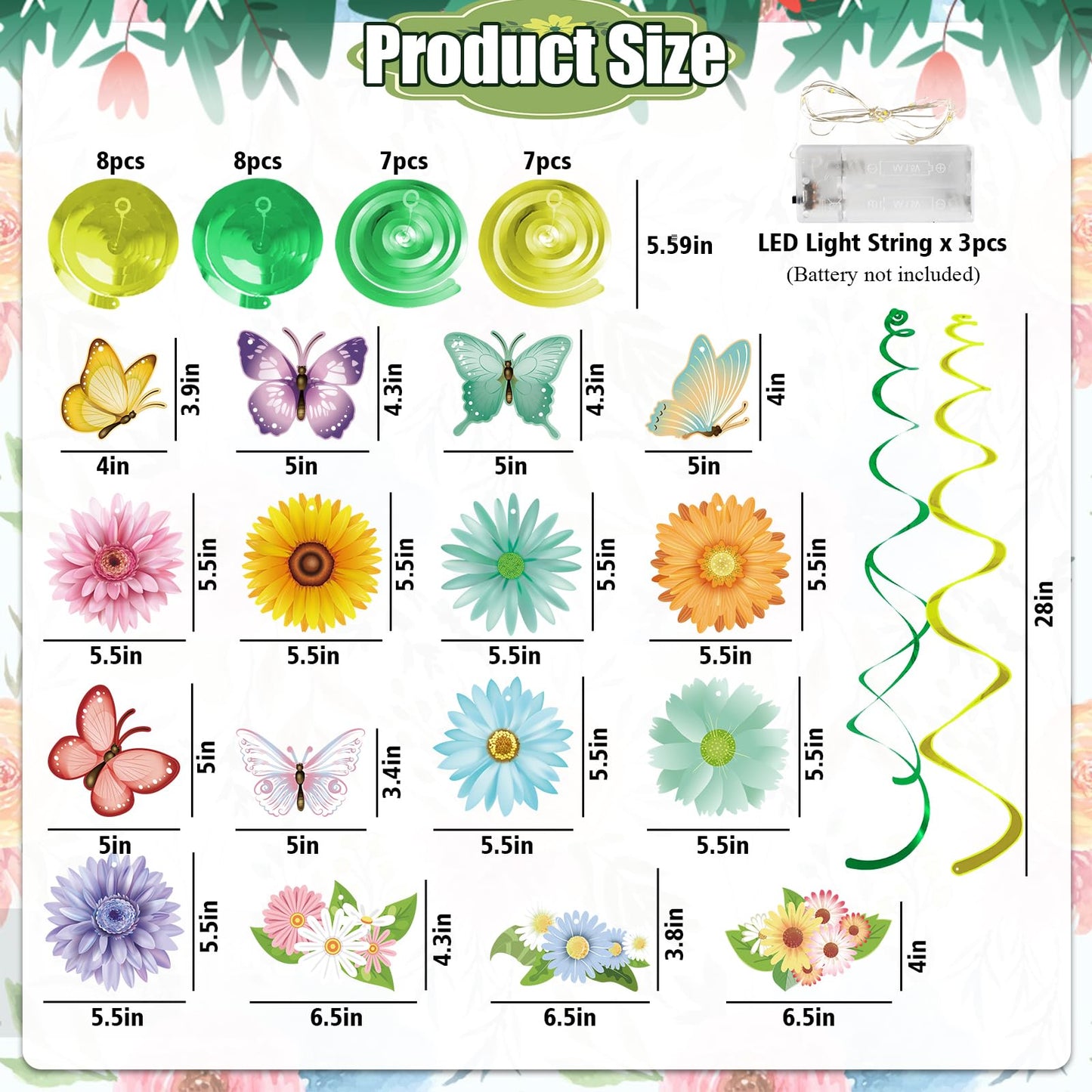 33pcs Spring Hanging Decorations for Home - Flower Butterfly Hanging Swirls with Led Lights for Spring Summer Easter Flower Butterfly Themed Birthday Party Decorations