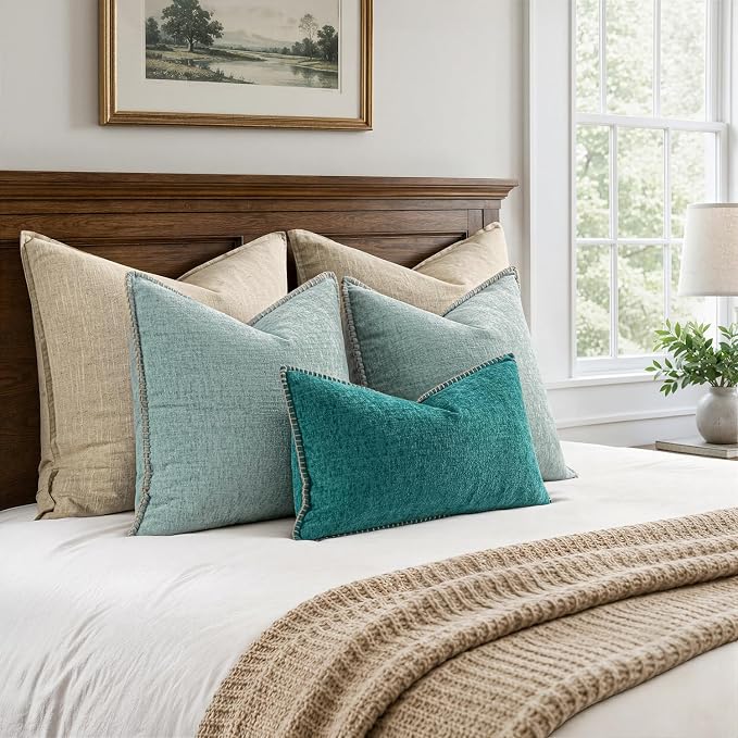 MIULEE Pack of 2 Summer Throw Pillow Covers 20x20 Inch Coastal Light Blue Farmhouse Cottage Decorative Pillow Covers Stitched Edge Soft Chenille Pillow Covers for Couch Sofa Bed Living Room,Aqua Haze