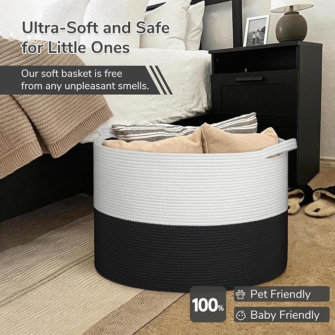 INDRESSME 115L Extra Large Cotton Rope Blanket Basket, Woven Storage for Living Room Toy Baskets Kids Baby Laundry Hamper for Dirty Clothes, Pillows, White & Black