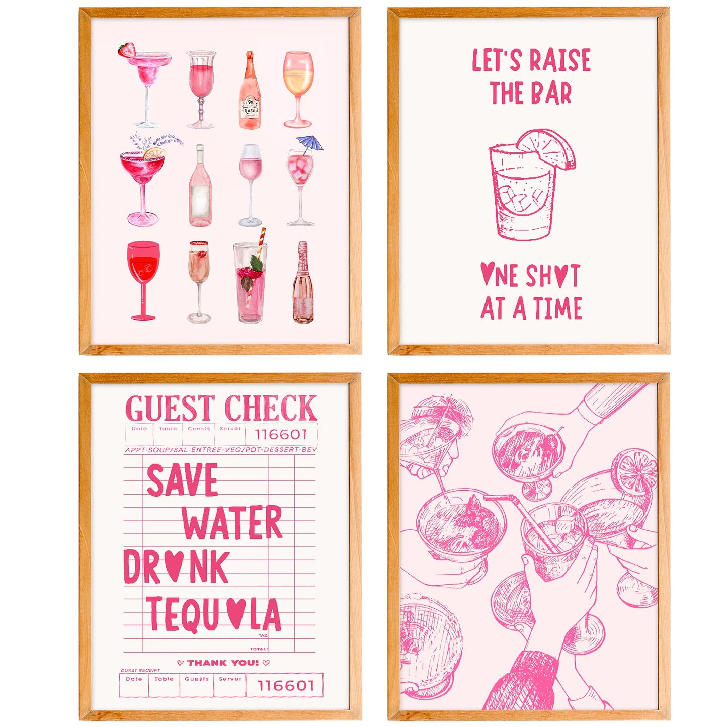 BearCake Pink Bar Wall Decor, Funky Preppy Champagne Cocktail Girly Poster Wall Art for Home Bar Cart Lounge Club Girls Room Apartment Decor Posters, 11x14 Inches UnFramed
