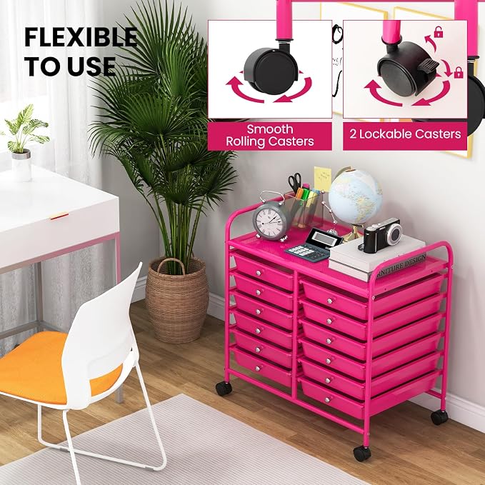 Giantex 12 Drawers Rolling Cart, Mobile Storage Drawer Cart, Classroom Organizer Cart for Office School Supplies Tools Scrapbook Paper Craft Small Printer, Utility Cart on Wheels, Hot Pink