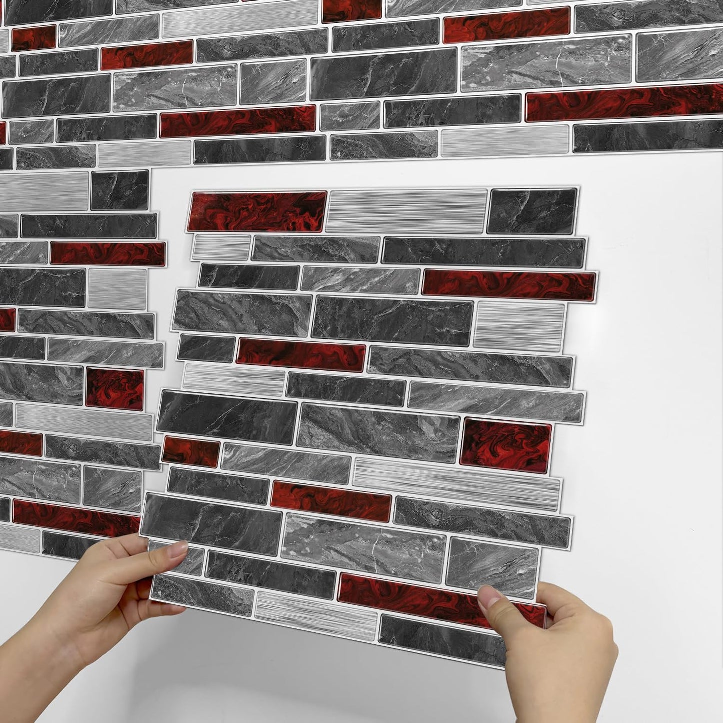 Alwayspon 10 Sheets 12" x12inch Black and Red Marble Effect Vinyl Tiles, Backsplash, Self-Adhesive Peel and Stick Wall Tile Stickers, Stick on Subway Tiles for Kitchen Bathroom Wall Decor
