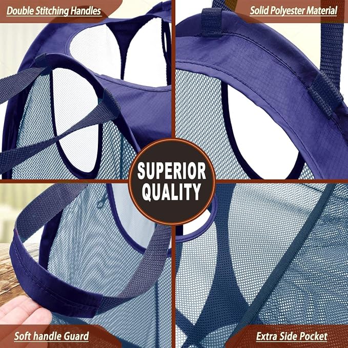 2 Pcs Strong Mesh Pop up Laundry Hamper,House Again Collapsible Laundry Basket with Durable Handles Solid Bottom High Carbon Steel Frame, Space-Saving, Easy to Open and Fold Flat for Storage(Blue)