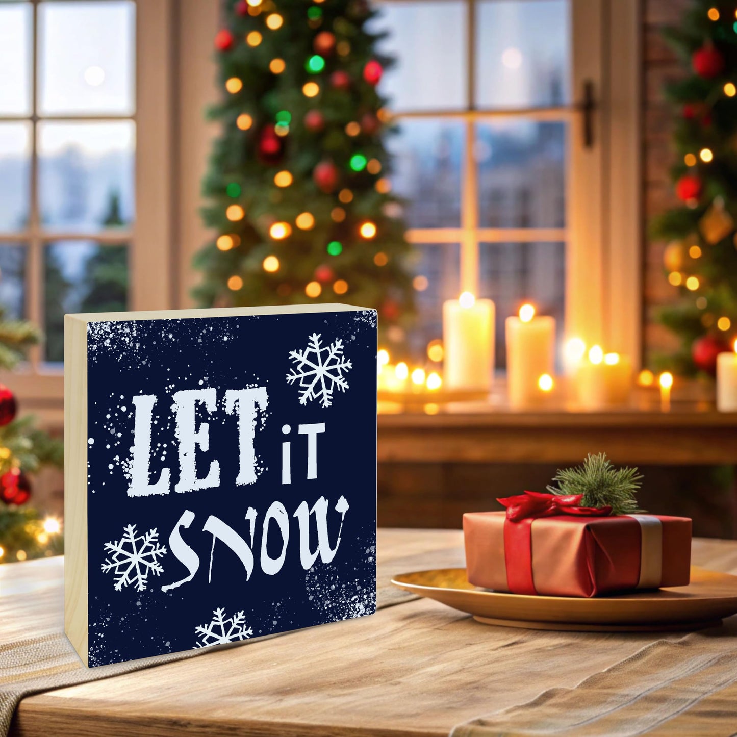 5" Pinewood Block Sign Gift - Let It Snow - Holiday Winter Decor Snowflake Small Gift For Friends & Families, Living Room, Counter, Shelf, Snowflake Home & Office Decoration & Gift(Blue)- B05