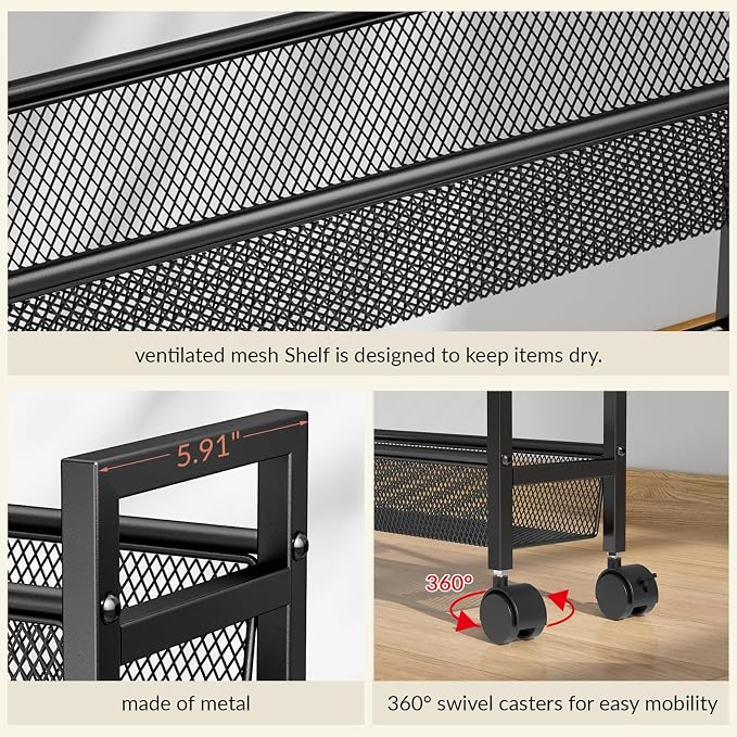ThreeHio 6 Tier Slim Storage Cart, Narrow Cart with Wheels, Metal Mobile Shelving Unit Organizer for Kitchen, Bathroom, Laundry Room, Living Room & Narrow Spaces, Black, 6in(W)