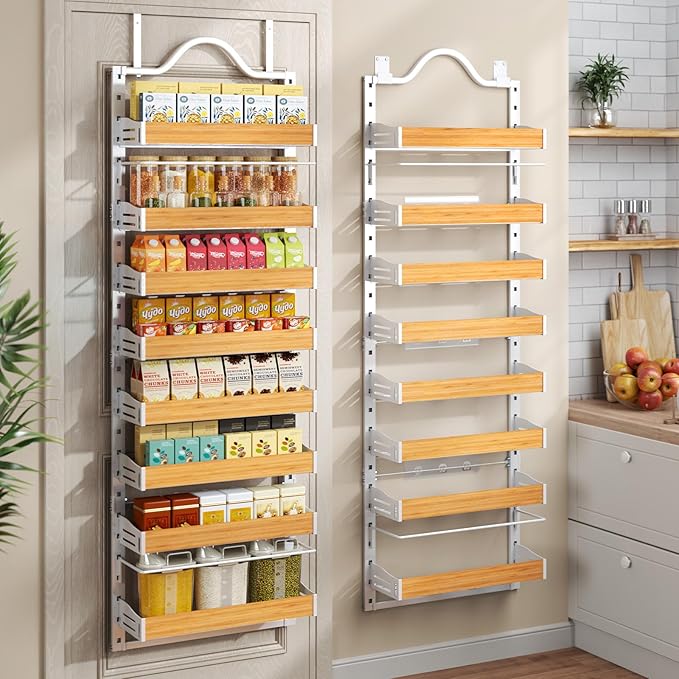 8-Tier Pantry Door Organizer, Over the Door Pantry Organizer with Wooden Adjustable Baskets, 2 IN 1 Spice Rack Wall Mount or Door Organizer, Door Spice Rack for Pantry（72.6×17.1×5.1in,White)