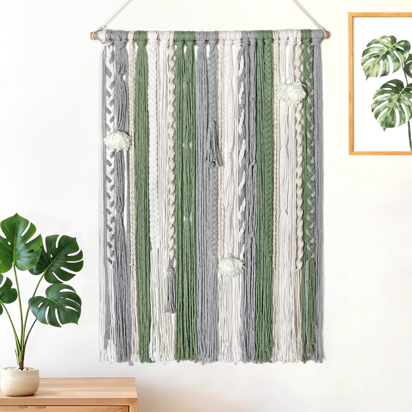 LOMOHOO Large Macrame Wall Hanging Boho Chic Home Decor, Green Gray Beige Yarn Tassel Woven Fringe Handmade Wall Art Decoration for Bedroom Living Room, Gift for Friend Girls Adults 23.6" Wx 34" L