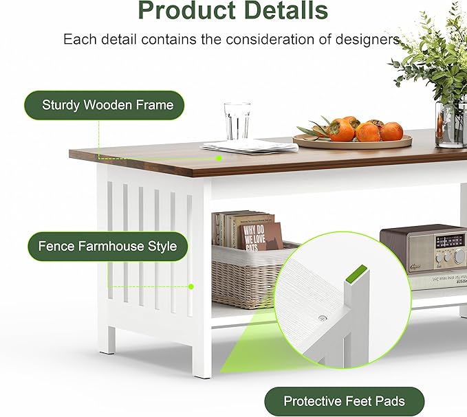 YOSHOOT 39.4" Farmhouse Coffee Table, Small Coffee Tables for Living Room | White, 2 Tier Coffee Table with Storage, Tea Table for Living Room Bedroom Small Space