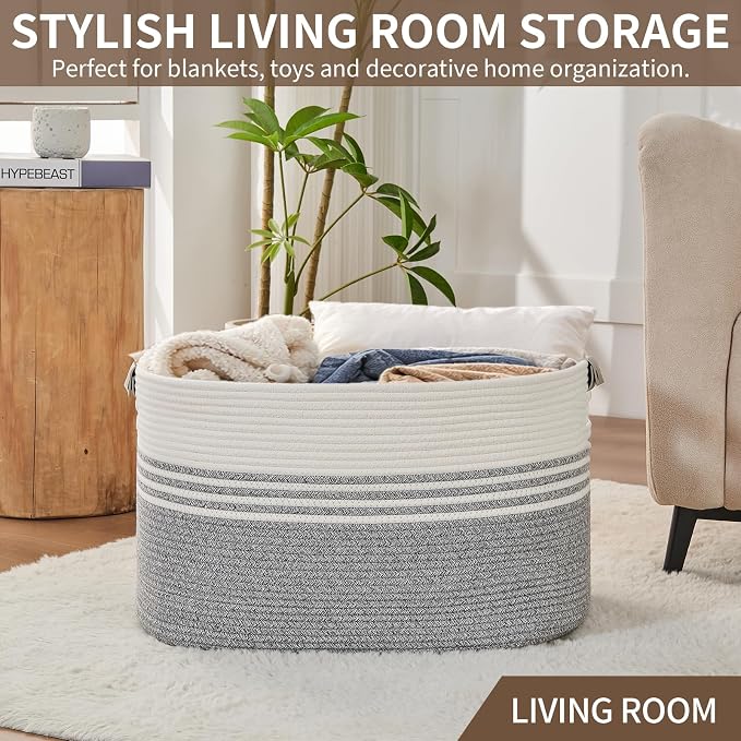 AINUOQI Laundry Basket with Handles - Blanket Basket & Hampers for Bedroom Aesthetic, Laundry Hamper & Blanket Storage for Living Room, Clothes Hamper, Tall, Large 21.7" x 16.9" x 11.8”, Grey