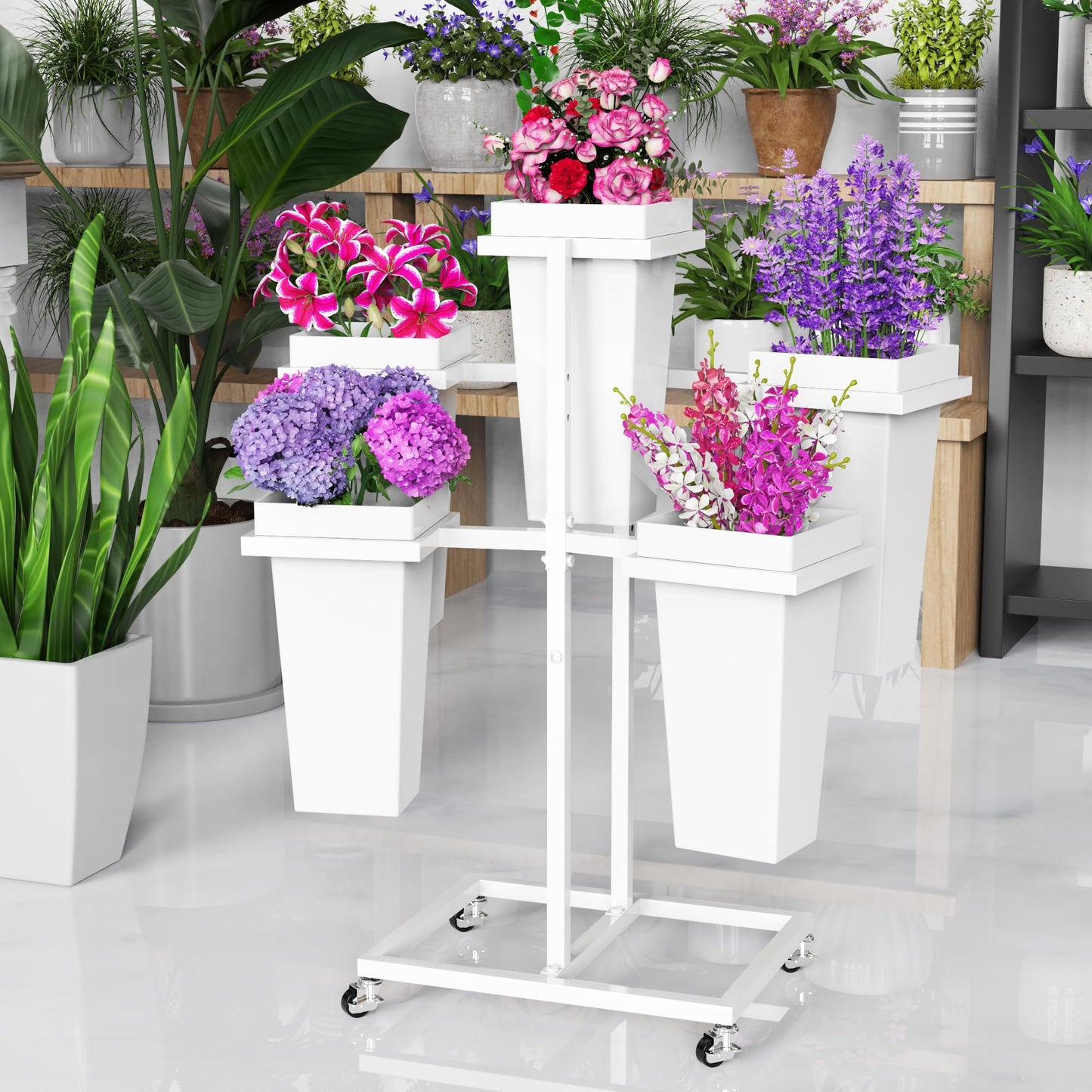 VGMiu Flower Display Stand with Buckets Wedding Flower Cart with Wheels, White Flower Pot Stand, Moving Florist Bouquet Shelf for Weddings Party Bridal Shower Event Patio Garden Living Room Decor