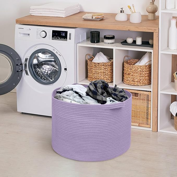 MEGASKET Purple Rope Storage Basket, 22" X 14" Large Woven Baskets, Jumbo Floor Bin for Throw Blankets Pillows, Baby Laundry Basket, Dirty Clothes Organizer, Big Storage Bin for Toys, Towels