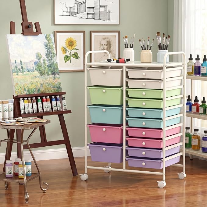 GOFLAME 15-Drawer Rolling Storage Cart, Craft Storage Cart with Removable Drawers & Lockable Wheels, Art Cart Supply Storage Organizer for Home Office Classroom, Ice Cream
