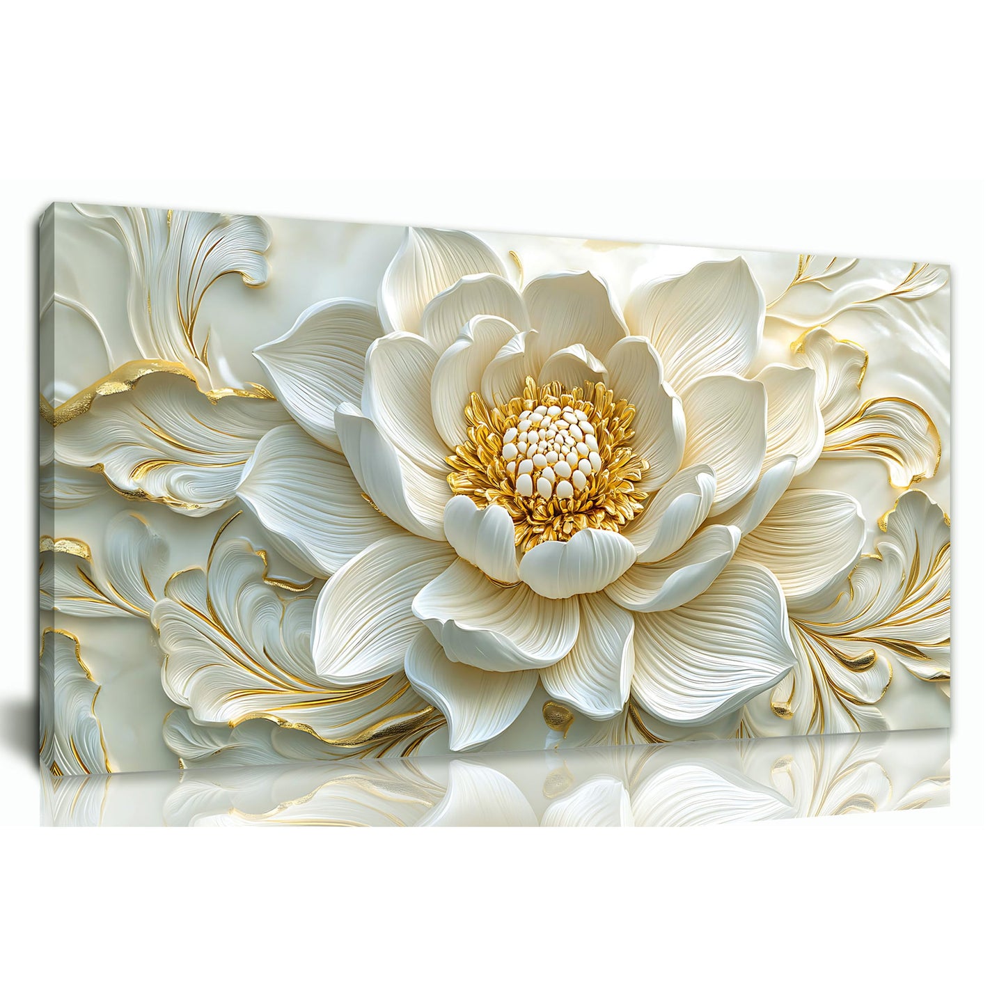 SSNEEKNDG White Floral Wall Art for Living Room Gold Flower Picture Large Botanical Artwork for Bedroom Office Canvas Prints Ready to Hang 20"x40"